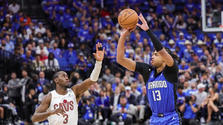 Apr 25, 2024; Orlando, Florida, USA; Orlando Magic guard Jett Howard (13) shoots a three point