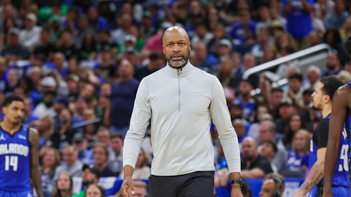 Apr 25, 2025; Orlando, Florida, USA; Orlando Magic head coach Jamahl Mosley walks onto the court during a timeout in the second quarter of game three of first round for the 2024 NBA Playoffs at Kia Center. Mandatory Credit: Mike Watters-Imagn Images