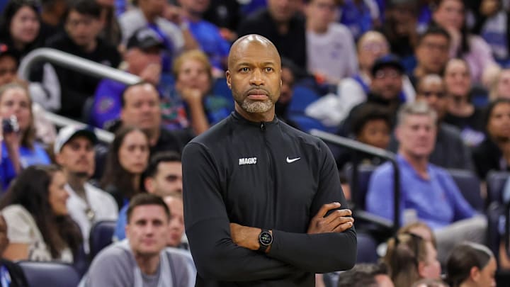 Apr 8, 2025; Orlando, Florida, USA; Orlando Magic head coach Jamahl Mosley looks on during the second quarter against the Atlanta Hawks at Kia Center. Mandatory Credit: Mike Watters-Imagn Images
