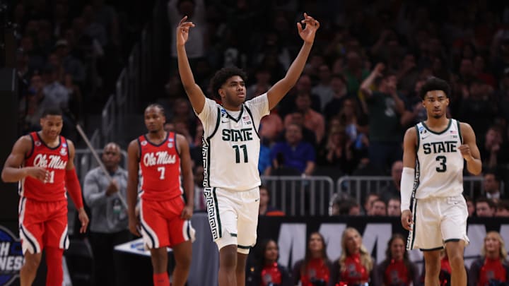 Michigan State Spartans guard Jase Richardson (11) and guard Jaden Akins (3) celebrate after defeating the Mississippi Rebels in a South Regional semifinal of the 2025 NCAA tournament at State Farm Arena. 