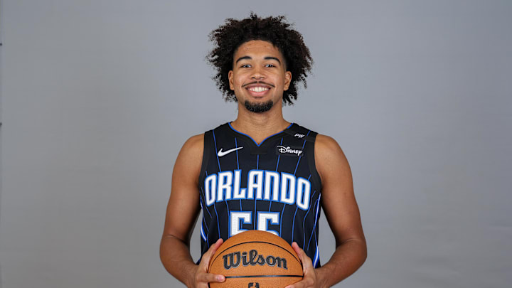Sep 30, 2024; Orlando, FL, USA; Orlando Magic guard Ethan Thompson (55) poses for a photo during Media Day at AdventHealth Training Center. Mandatory Credit: Mike Watters-Imagn Images Sep 30, 2024; Orlando, FL, USA; Orlando Magic guard Ethan Thompson (55) poses for a photo during Media Day at AdventHealth Training Center. Mandatory Credit: Mike Watters-Imagn Images