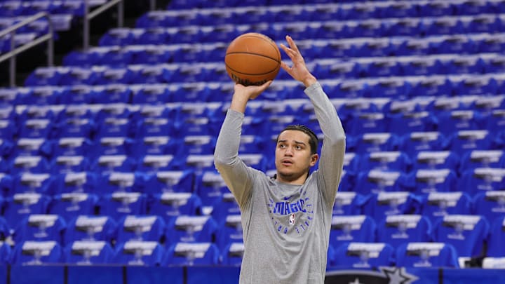Orlando Magic guard Anthony Black warms up before game three of first round for the NBA Playoffs against the Boston Celtics.