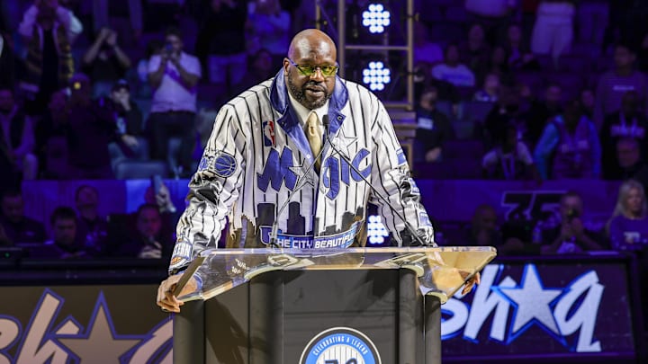 Feb 13, 2024; Orlando, Florida, USA;  Shaquille O'Neal during a post game ceremony where the Orlando Magic retired his #32 jersey at Amway Center. Mandatory Credit: Mike Watters-Imagn Images