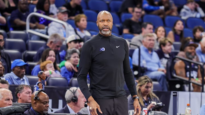 Oct 16, 2025; Orlando, Florida, USA; Orlando Magic Head Coach Jamahl Mosley looks on during the first quarter against the New Orleans Pelicans at Kia Center. Mandatory Credit: Mike Watters-Imagn Images
