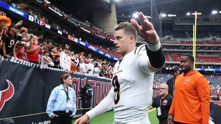 Sep 20, 2026; Houston, Texas, USA;  Cincinnati Bengals quarterback Joe Burrow (9) celebrates after defeating the Houston Texans at Reliant Stadium.  Mandatory Credit: Troy Taormina-Imagn Images