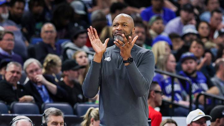 Apr 8, 2026; Orlando, Florida, USA; Orlando Magic head coach Jamahl Mosley reacts during the second quarter against the Minnesota Timberwolves at Kia Center. Mandatory Credit: Mike Watters-Imagn Images