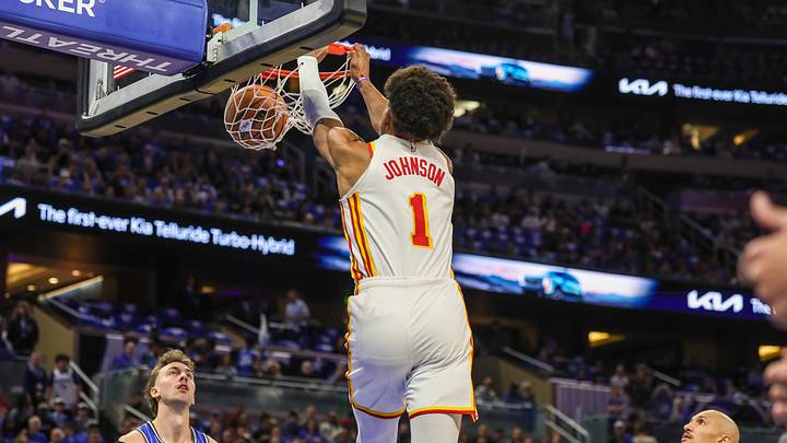 Oct 21, 2026; Orlando, Florida, USA; Atlanta Hawks forward Jalen Johnson (1) dunks during the first quarter against the Orlando Magic at Kia Center. Mandatory Credit: Mike Watters-Imagn Images Oct 21, 2026; Orlando, Florida, USA; Atlanta Hawks forward Jalen Johnson (1) dunks during the first quarter against the Orlando Magic at Kia Center. Mandatory Credit: Mike Watters-Imagn Images
