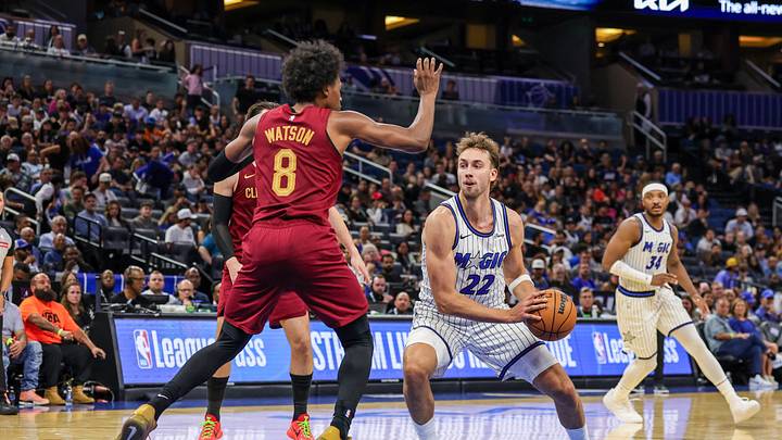Oct 13, 2026; Orlando, Florida, USA; Orlando Magic forward Franz Wagner (22) handles the ball in front of Cleveland Cavaliers forward Peyton Watson (8) during the second quarter at Kia Center. Mandatory Credit: Mike Watters-Imagn Images Oct 13, 2026; Orlando, Florida, USA; Orlando Magic forward Franz Wagner (22) handles the ball in front of Cleveland Cavaliers forward Peyton Watson (8) during the second quarter at Kia Center. Mandatory Credit: Mike Watters-Imagn Images