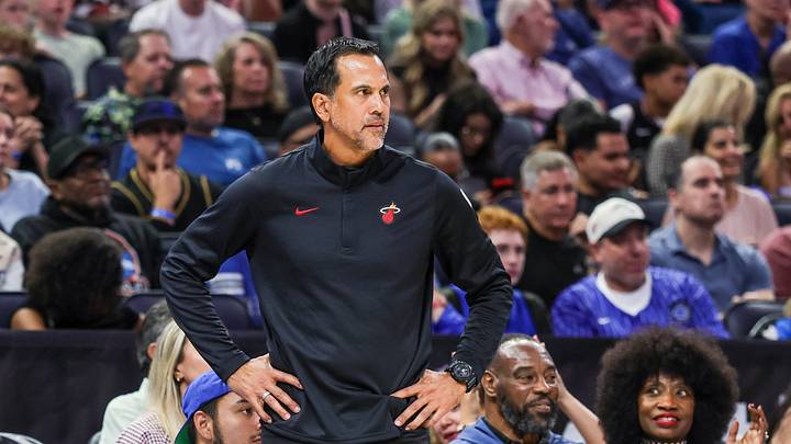 Oct 16, 2026; Orlando, Florida, USA;  Miami Heat head coach Erik Spoelstra during the second quarter against the Orlando Magic at Kia Center.  Mandatory Credit: Mike Watters-Imagn Images