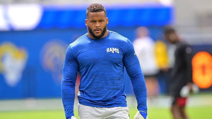 Sep 18, 2022; Inglewood, California, USA; Los Angeles Rams defensive tackle Aaron Donald (99) warms up before the game against the Atlanta Falcons at SoFi Stadium. Mandatory Credit: Jayne Kamin-Oncea-USA TODAY Sports Sep 18, 2022; Inglewood, California, USA; Los Angeles Rams defensive tackle Aaron Donald (99) warms up before the game against the Atlanta Falcons at SoFi Stadium. Mandatory Credit: Jayne Kamin-Oncea-USA TODAY Sports