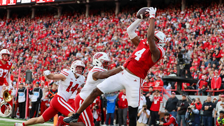Nebraska wide receiver Jahmal Banks hauls in a 5-yard touchdown pass from quarterback Dylan Raiola during the second quarter against Wisconsin.
