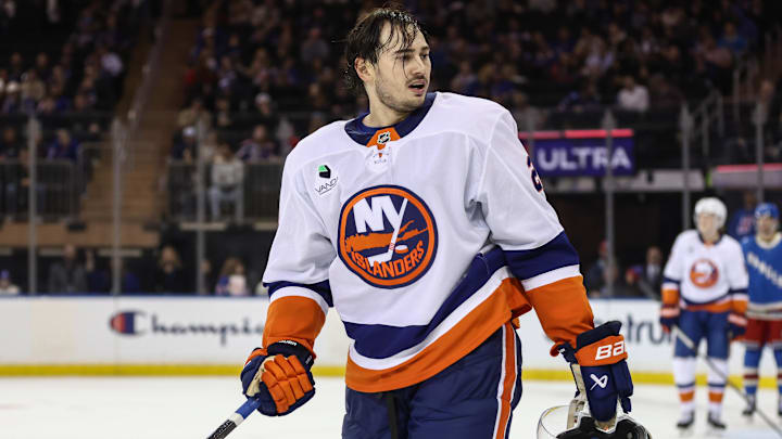 Nov 8, 2025; New York, New York, USA;  New York Islanders defenseman Alexander Romanov (28) at Madison Square Garden. Mandatory Credit: Wendell Cruz-Imagn Images