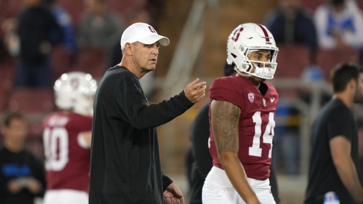 Oct 21, 2023; Stanford, California, USA; Stanford Cardinal head coach Troy Taylor (left) and quarterback Ashton Daniels (14) walk on the field before the game against the UCLA Bruins at Stanford Stadium. Mandatory Credit: Darren Yamashita-USA TODAY Sports Oct 21, 2023; Stanford, California, USA; Stanford Cardinal head coach Troy Taylor (left) and quarterback Ashton Daniels (14) walk on the field before the game against the UCLA Bruins at Stanford Stadium. Mandatory Credit: Darren Yamashita-USA TODAY Sports