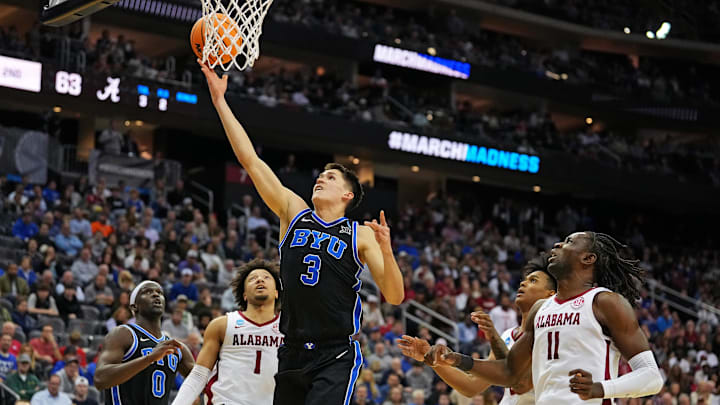 Mar 27, 2025; Newark, NJ, USA; Brigham Young Cougars guard Egor Demin (3) drives to the basket against Alabama Crimson Tide guard Mark Sears (1) during the second half during an East Regional semifinal of the 2025 NCAA tournament at Prudential Center. Mandatory Credit: Robert Deutsch-Imagn Images Mar 27, 2025; Newark, NJ, USA; Brigham Young Cougars guard Egor Demin (3) drives to the basket against Alabama Crimson Tide guard Mark Sears (1) during the second half during an East Regional semifinal of the 2025 NCAA tournament at Prudential Center. Mandatory Credit: Robert Deutsch-Imagn Images