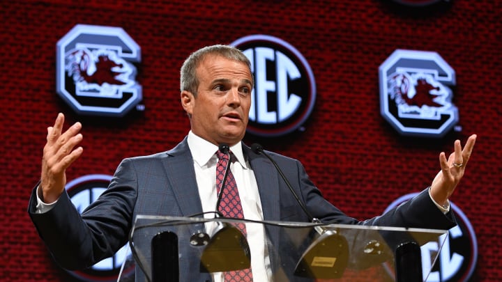 Jul 20, 2023; Nashville, TN, USA; South Carolina Gamecocks head coach Shane Beamer speaks to the media during SEC Media Day at Grand Hyatt. Mandatory Credit: Christopher Hanewinckel-USA TODAY Sports Jul 20, 2023; Nashville, TN, USA; South Carolina Gamecocks head coach Shane Beamer speaks to the media during SEC Media Day at Grand Hyatt. Mandatory Credit: Christopher Hanewinckel-USA TODAY Sports
