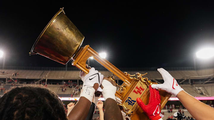 Sep 14, 2024; Houston, Texas, USA; The Houston Cougars take back the Bayou Bucket after defeating the Rice Owls at TDECU Stadium. Mandatory Credit: Sean Thomas-Imagn Images Sep 14, 2024; Houston, Texas, USA; The Houston Cougars take back the Bayou Bucket after defeating the Rice Owls at TDECU Stadium. Mandatory Credit: Sean Thomas-Imagn Images