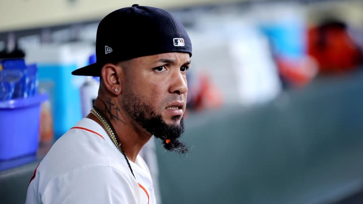 Mar 30, 2024; Houston, Texas, USA; Houston Astros first baseman Jose Abreu (79) in the dugout prior to the game against the New York Yankees at Minute Maid Park