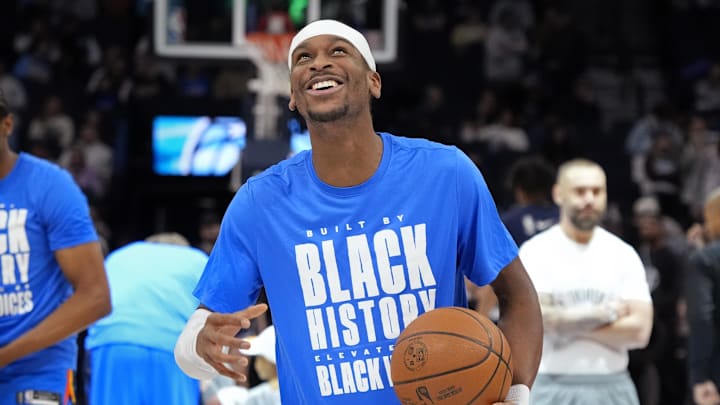 Feb 13, 2025; Minneapolis, Minnesota, USA; Oklahoma City Thunder guard Shai Gilgeous-Alexander (2) prepares to play the Minnesota Timberwolves at Target Center. Mandatory Credit: Bruce Kluckhohn-Imagn Images