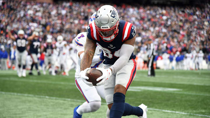 Oct 22, 2023; Foxborough, Massachusetts, USA;  New England Patriots wide receiver Kendrick Bourne (84) crosses the goalie for a touchdown during the second half against the Buffalo Bills at Gillette Stadium.