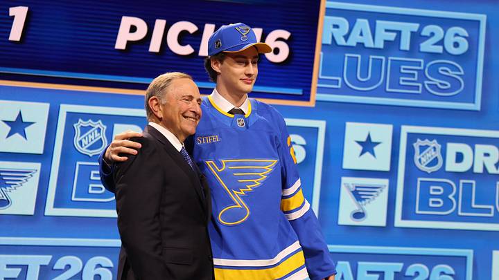 Jun 26, 2026; Buffalo, New York, USA; Maddox Dagenais reacts beside NHL commissioner Gary Bettman after being selected with the sixteenth pick in the first round of the 2026 NHL Draft by the St. Louis Blues at KeyBank Center. Mandatory Credit: Timothy T. Ludwig-Imagn Images Jun 26, 2026; Buffalo, New York, USA; Maddox Dagenais reacts beside NHL commissioner Gary Bettman after being selected with the sixteenth pick in the first round of the 2026 NHL Draft by the St. Louis Blues at KeyBank Center. Mandatory Credit: Timothy T. Ludwig-Imagn Images
