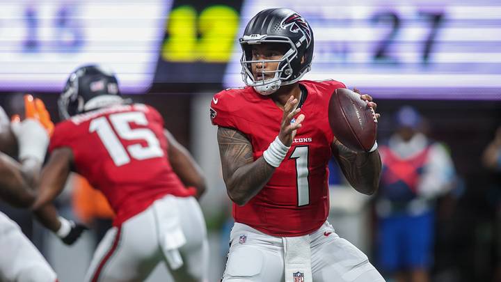 Aug 14, 2026; Atlanta, Georgia, USA; Atlanta Falcons quarterback Tua Tagovailoa (1) drops back to pass against the Denver Broncos in the first quater at Mercedes-Benz Stadium. Mandatory Credit: Brett Davis-Imagn Images