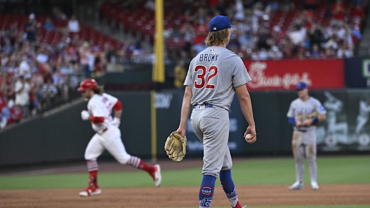 Jun 23, 2025; St. Louis, Missouri, USA; Chicago Cubs starting pitcher Ben Brown (32) watches as St. Louis Cardinals second baseman Brendan Donovan (33) rounds the bases after hitting a two-run home run in the fifth inning at Busch Stadium. Mandatory Credit: Joe Puetz-Imagn Images