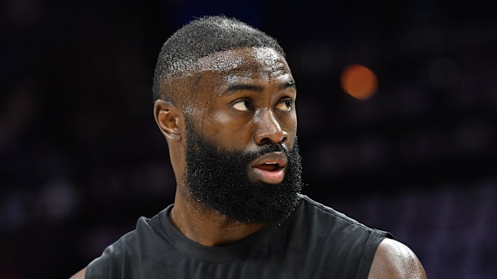 Apr 26, 2026; Philadelphia, Pennsylvania, USA; Boston Celtics guard Jaylen Brown (7) during warmups against the Philadelphia 76ers at Xfinity Mobile Arena. Mandatory Credit: Eric Hartline-Imagn Images