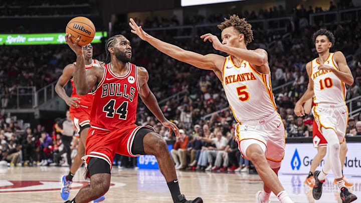 Nov 9, 2024; Atlanta, Georgia, USA; Chicago Bulls forward Patrick Williams (44) drives to the basket against Atlanta Hawks guard Dyson Daniels (5) during the second half at State Farm Arena. Mandatory Credit: Dale Zanine-Imagn Images Nov 9, 2024; Atlanta, Georgia, USA; Chicago Bulls forward Patrick Williams (44) drives to the basket against Atlanta Hawks guard Dyson Daniels (5) during the second half at State Farm Arena. Mandatory Credit: Dale Zanine-Imagn Images
