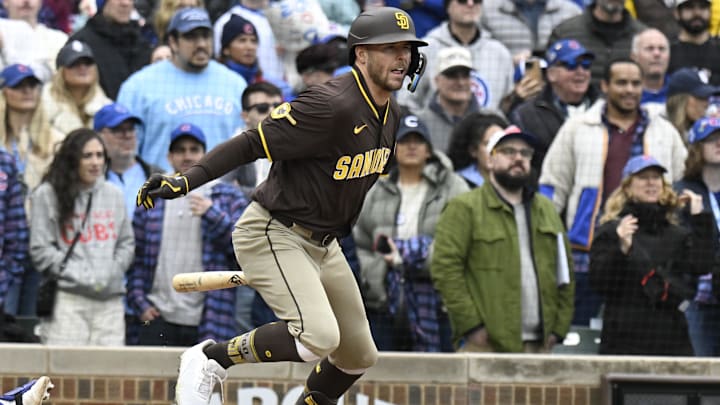 Apr 5, 2025; Chicago, Illinois, USA;  San Diego Padres outfielder Brandon Lockridge (28) grounds out during the ninth inning againast the Chicago Cubs at Wrigley Field. Mandatory Credit: Matt Marton-Imagn Images