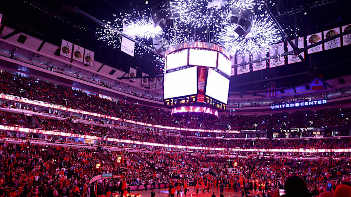 A general view of the United Center prior to game five of the first round of the 2014 NBA Playoffs at United Center.