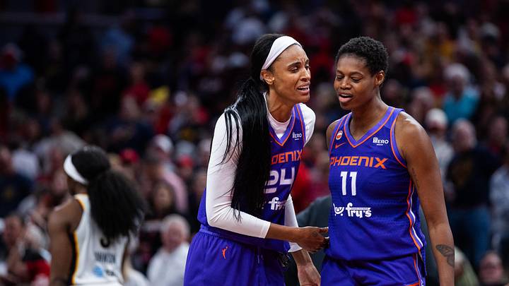 Jun 24, 2026; Indianapolis, Indiana, USA; Phoenix Mercury forward Alyssa Thomas (25) and forward Valeriane Ayayi (11) celebrate the win over Indiana Fever at Gainbridge Fieldhouse. Mandatory Credit: Trevor Ruszkowski-Imagn Images