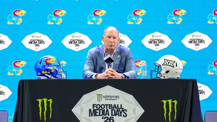 Jul 8, 2026; Frisco, TX, USA;  Kansas head coach Lance Leipold speaks to reporters during Big 12 Conference Football Media Days at The Star. Mandatory Credit: Raymond Carlin III-Imagn Images