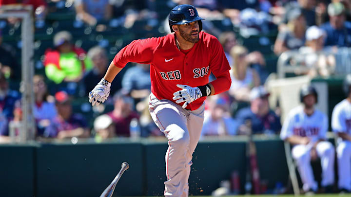 Boston Red Sox designated hitter JD Martinez hitting during a Spring Training game in Fort Myers, Florida. 