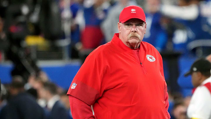 Sep 21, 2025; East Rutherford, New Jersey, USA; Kansas City Chiefs head coach Andy Reid looks on before the game against the New York Giants at MetLife Stadium. Mandatory Credit: Robert Deutsch-Imagn Images