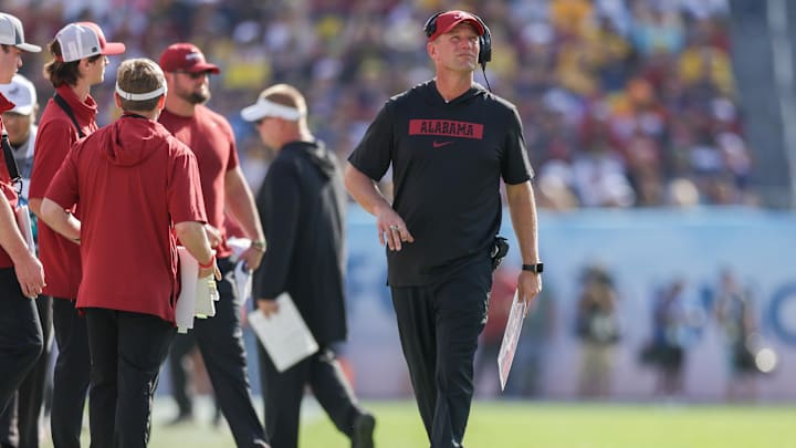 Dec 31, 2024; Tampa, FL, USA; Alabama Crimson Tide head coach Kalen Deboer looks on against the Michigan Wolverines in the third quarter during the ReliaQuest Bowl at Raymond James Stadium. Mandatory Credit: Nathan Ray Seebeck-Imagn Images