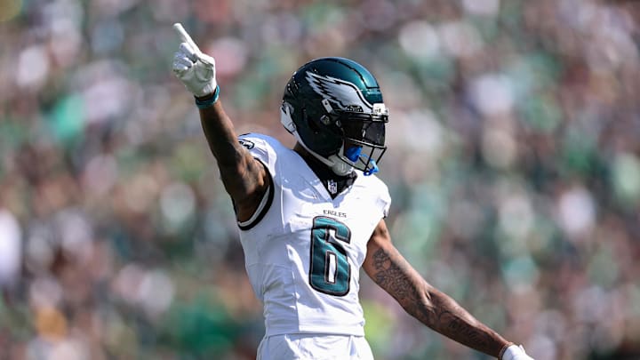 Sep 21, 2025; Philadelphia, Pennsylvania, USA; Philadelphia Eagles wide receiver Devonta Smith (6) reacts to a first down against the Los Angeles Rams at Lincoln Financial Field. Mandatory Credit: Bill Streicher-Imagn Images