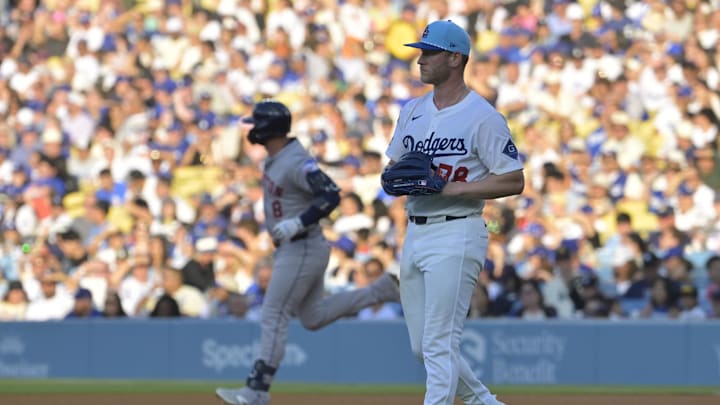 Jul 4, 2025; Los Angeles, California, USA;  Los Angeles Dodgers pitcher Ben Casparius (78) looks on after giving up a third home run during the third inning against the Houston Astros at Dodger Stadium. Mandatory Credit: Jayne Kamin-Oncea-Imagn Images