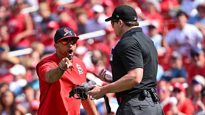 Jul 12, 2026; St. Louis, Missouri, USA; St. Louis Cardinals manager Oliver Marmol (37) argues with umpire Adam Beck after he was ejected from the game against the Atlanta Braves during the ninth inning at Busch Stadium. Mandatory Credit: Jeff Curry-Imagn Images Jul 12, 2026; St. Louis, Missouri, USA; St. Louis Cardinals manager Oliver Marmol (37) argues with umpire Adam Beck after he was ejected from the game against the Atlanta Braves during the ninth inning at Busch Stadium. Mandatory Credit: Jeff Curry-Imagn Images