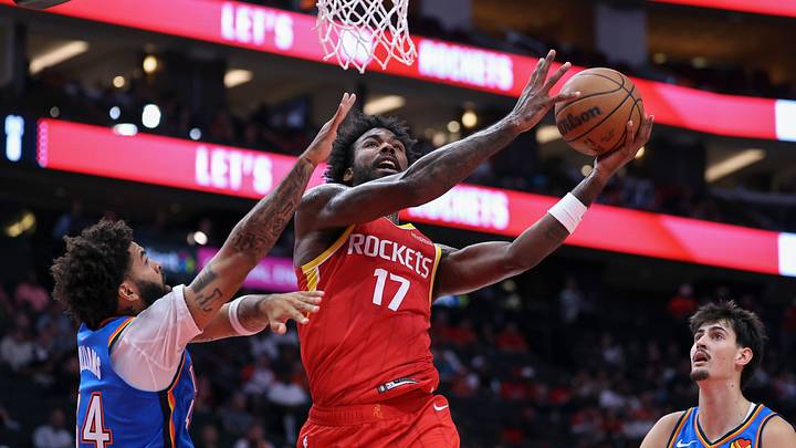 Oct 15, 2026; Houston, Texas, USA; Houston Rockets forward Tari Eason (17) attempts to score a basket during the game against the Oklahoma City Thunder at Toyota Center. Mandatory Credit: Troy Taormina-Imagn Images