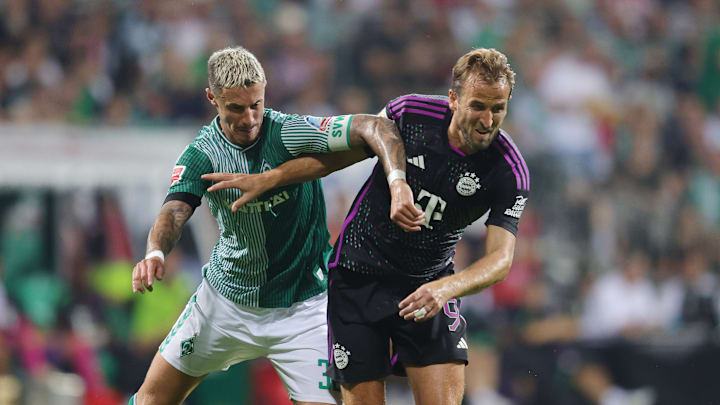 Bayern Munich striker Harry Kane in action against Werder Bremen during first half of the season.