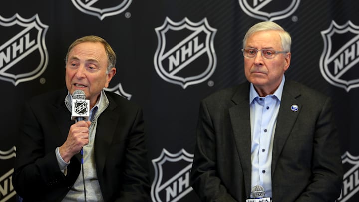 Jan 12, 2026; Buffalo, New York, USA;  NHL Commissioner Gary Bettman along with Buffalo Sabres owner Terry Pegula announce that the 2026 NHL Draft will take place in Buffalo at KeyBank Center. Mandatory Credit: Timothy T. Ludwig-Imagn Images