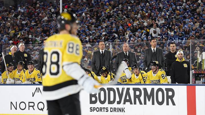 Feb 1, 2026; Tampa Bay, Florida, USA; Boston Bruins head coach Marco Sturm looks on from the bench during the first period against the Tampa Bay Lightning in the 2026 Stadium Series ice hockey game at Raymond James Stadium. Mandatory Credit: Kim Klement Neitzel-Imagn Images
