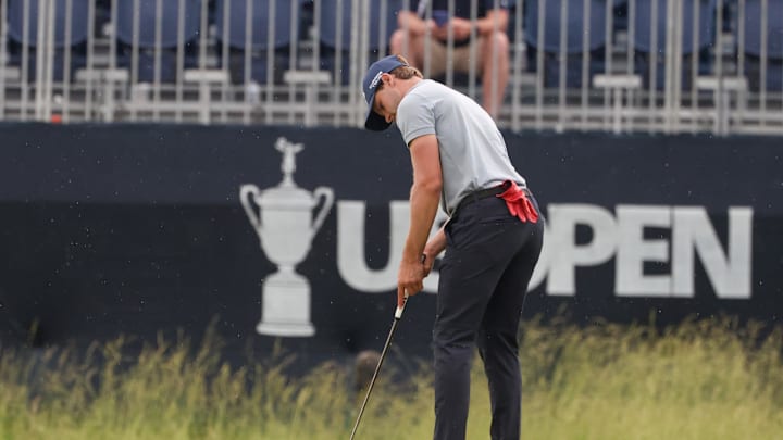 Jun 13, 2025; Oakmont, Pennsylvania, USA; Thomas Detry putts on the seventh green during the second round of the U.S. Open golf tournament. Mandatory Credit: Charles LeClaire-Imagn Images
