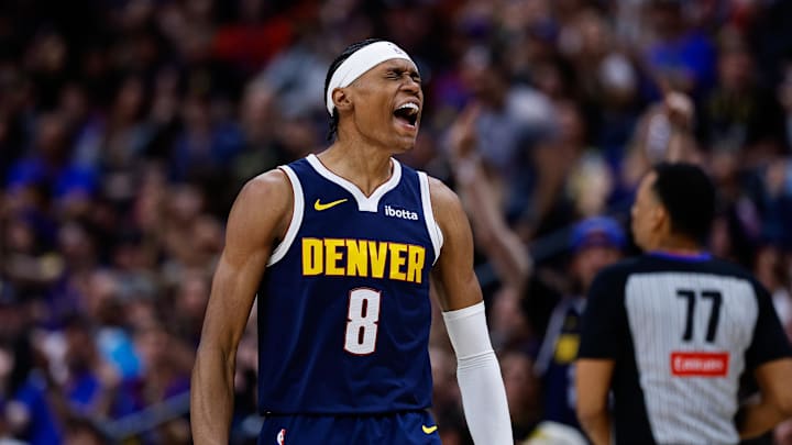 Mar 25, 2026; Denver, Colorado, USA; Denver Nuggets guard Peyton Watson (8) reacts after a play in the fourth quarter against the Dallas Mavericks at Ball Arena. Mandatory Credit: Isaiah J. Downing-Imagn Images