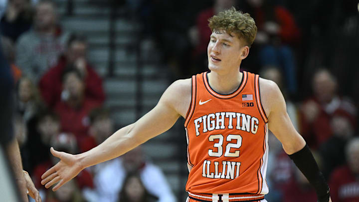 Jan 14, 2025; Bloomington, Indiana, USA; Illinois Fighting Illini guard Kasparas Jakucionis (32) celebrates after a play during the first half against the Indiana Hoosiers at Simon Skjodt Assembly Hall. Mandatory Credit: Robert Goddin-Imagn Images Jan 14, 2025; Bloomington, Indiana, USA; Illinois Fighting Illini guard Kasparas Jakucionis (32) celebrates after a play during the first half against the Indiana Hoosiers at Simon Skjodt Assembly Hall. Mandatory Credit: Robert Goddin-Imagn Images