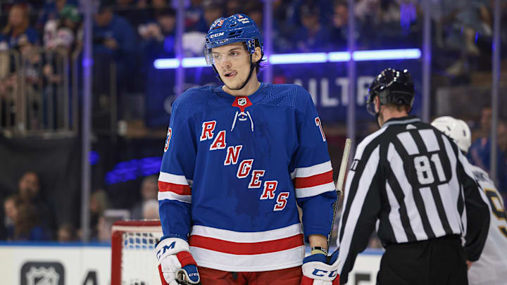 May 24, 2024; New York, New York, USA; New York Rangers center Matt Rempe (73) reacts after a play during the third period in game two of the Eastern Conference Final of the 2024 Stanley Cup Playoffs against the Florida Panthers at Madison Square Garden. Mandatory Credit: Vincent Carchietta-Imagn Images