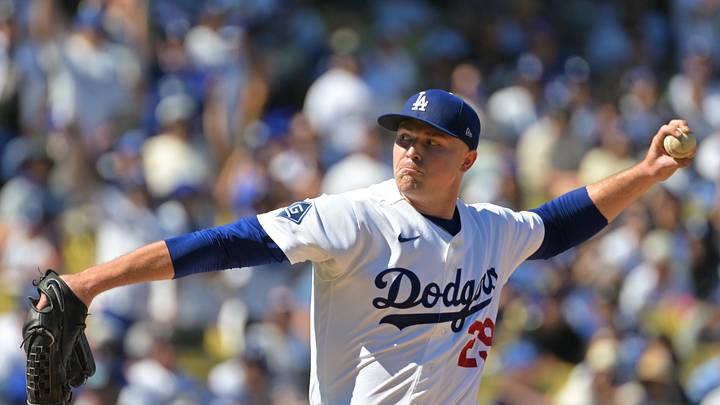 Oct 3, 2026; Los Angeles, California, USA;  Los Angeles Dodgers pitcher Tarik Skubal (29) throws during the third inning of game one of the NLDS against the Atlanta Braves for the 2026 MLB Playoffs at Uniqlo Field at Dodger Stadium.  Mandatory Credit: Jayne Kamin-Oncea-Imagn Images
