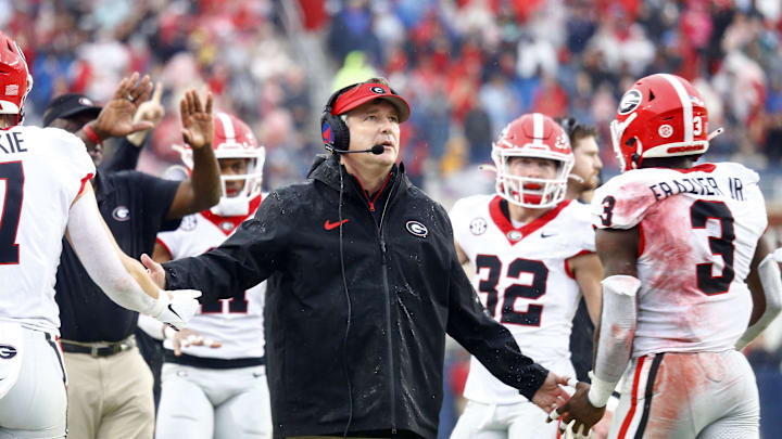 Nov 9, 2024; Oxford, Mississippi, USA; Georgia Bulldogs head coach Kirby Smart reacts after a touchdown during the first half against the Mississippi Rebels at Vaught-Hemingway Stadium. Mandatory Credit: Petre Thomas-Imagn Images