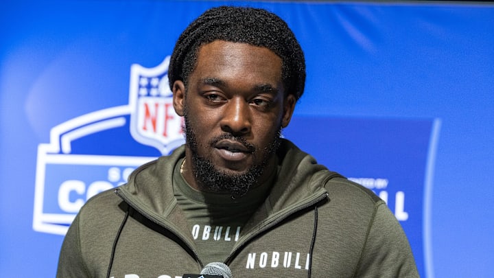 Mar 1, 2023; Indianapolis, IN, USA; Kansas linebacker Lonnie Phelps (LB25) speaks to the press at the NFL Combine at Lucas Oil Stadium. Mandatory Credit: Trevor Ruszkowski-USA TODAY Sports