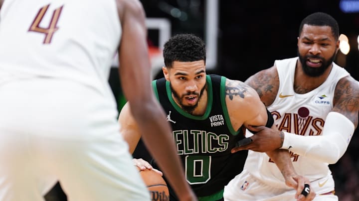 May 15, 2024; Boston, Massachusetts, USA; Boston Celtics forward Jayson Tatum (0) drivers the ball